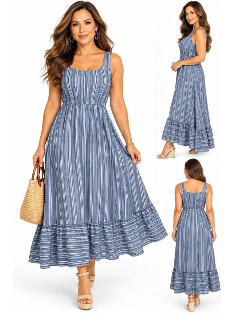 Lane Bryant Size 14/16 Sleeveless Striped Maxi Dress Ruffled Hemline Lightweigh